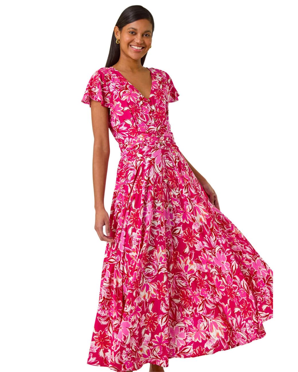Roman Pink Floral Ruched Waist Maxi Dress