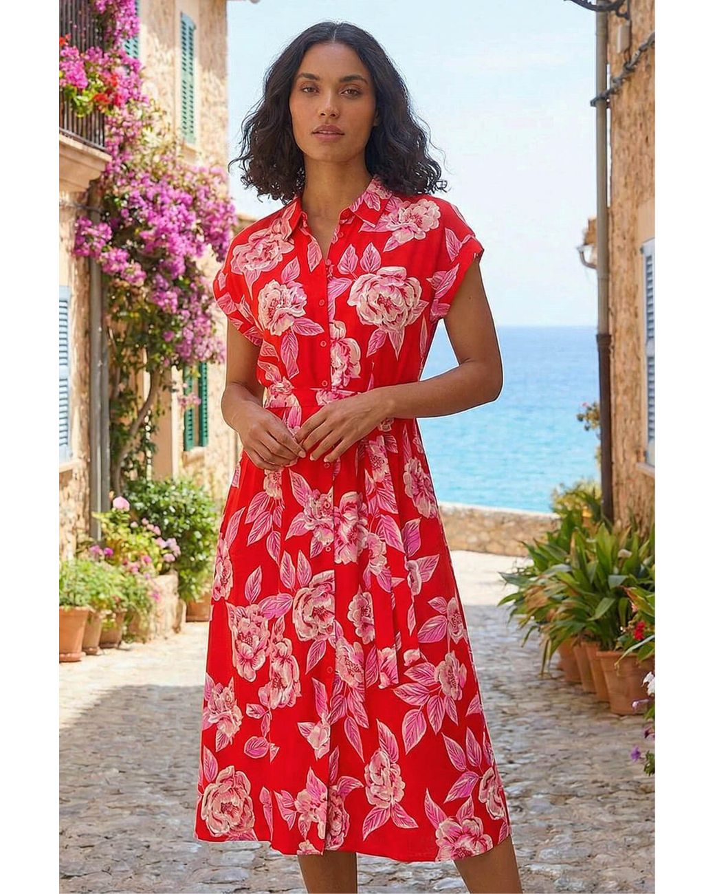 Roman Red Rose Print Belted Midi Dress