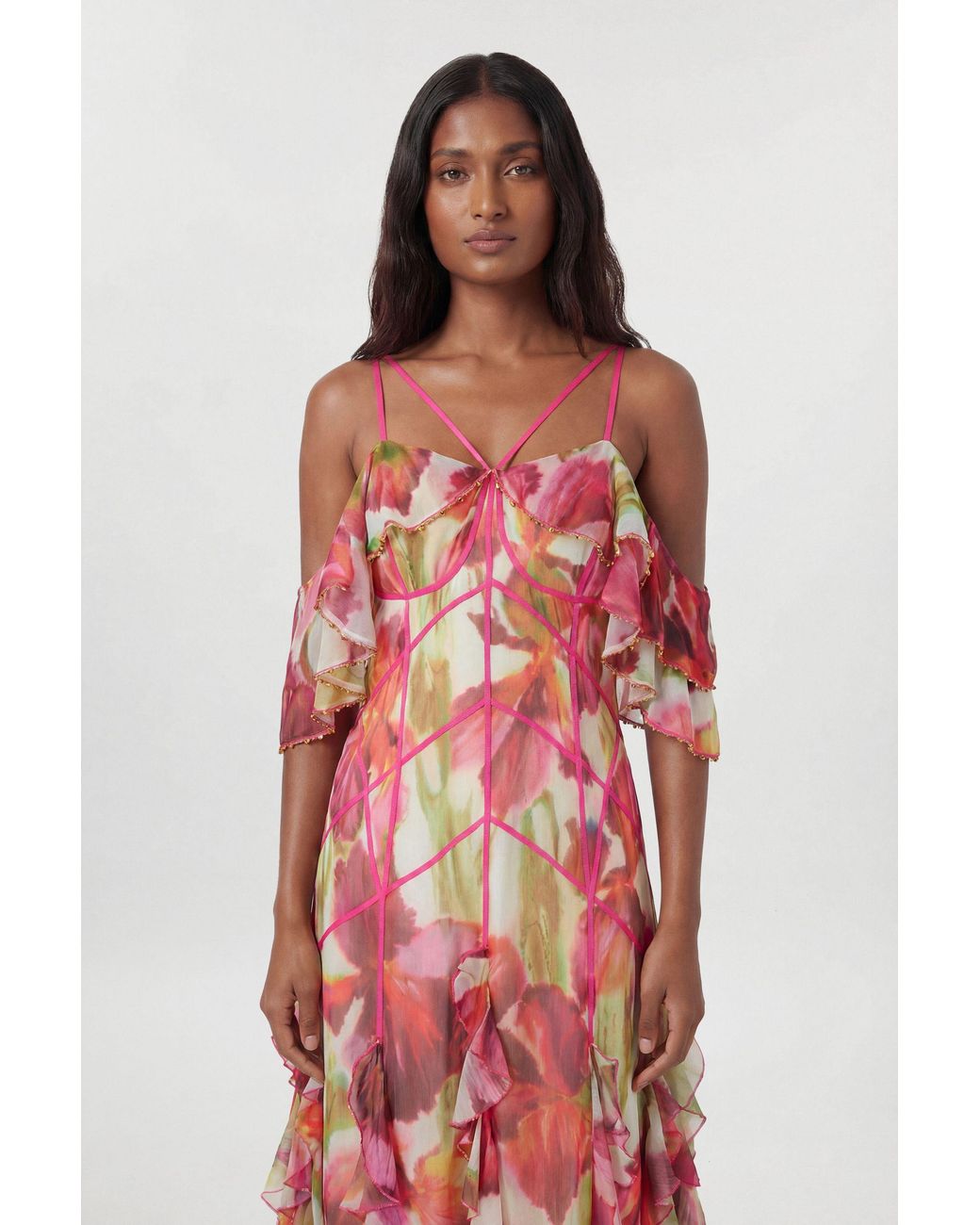 Karen Millen Red Petite Crinkle Print Beaded Cold Shoulder Maxi Dress