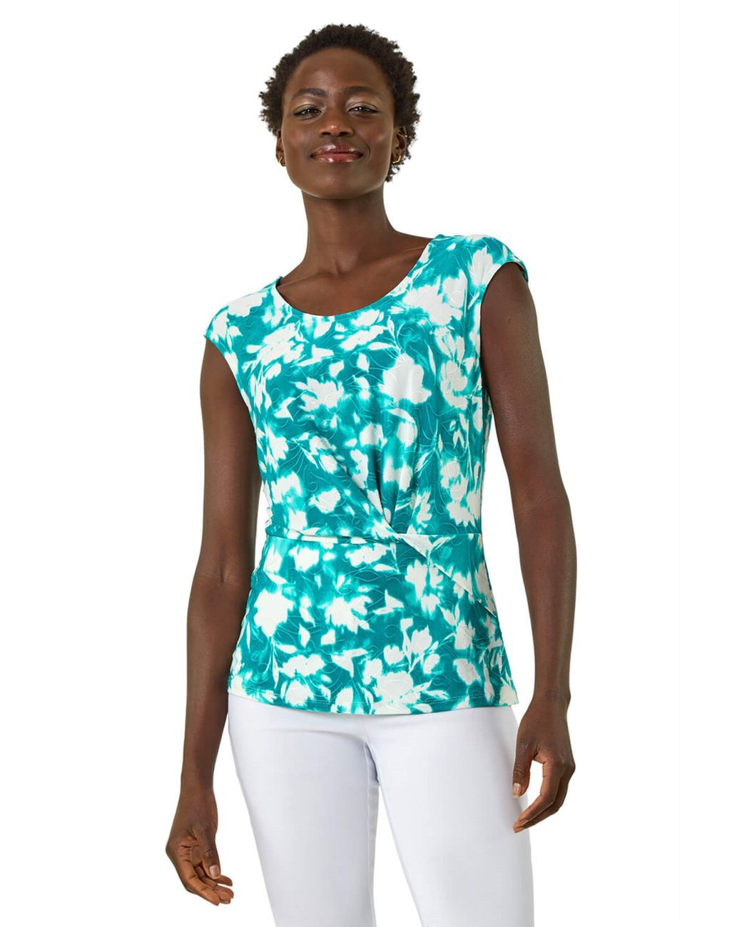 Roman Blue Floral Jacquard Twist Front Top