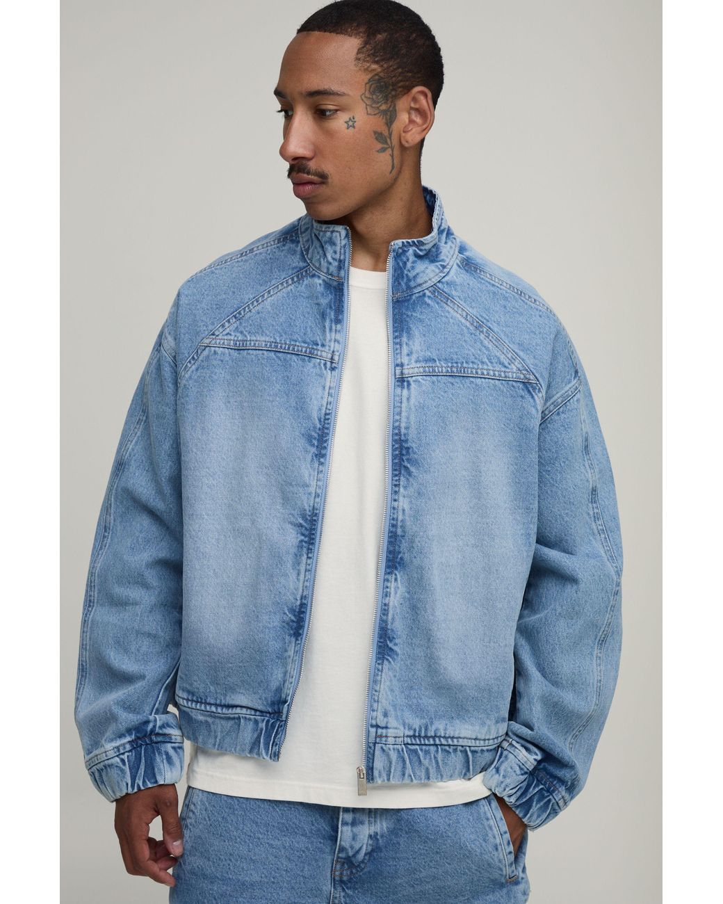 BoohooMAN Blue Washed Denim Panelled Track Jacket for men