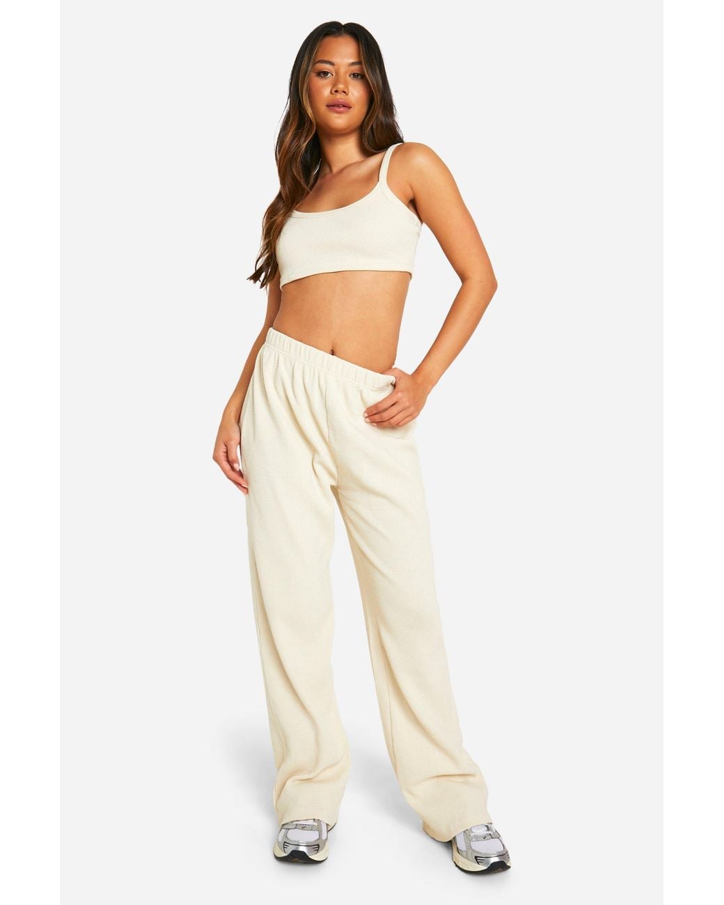 Boohoo White Waffle Scoop Neck Crop Top And Straight Leg Trouser Set