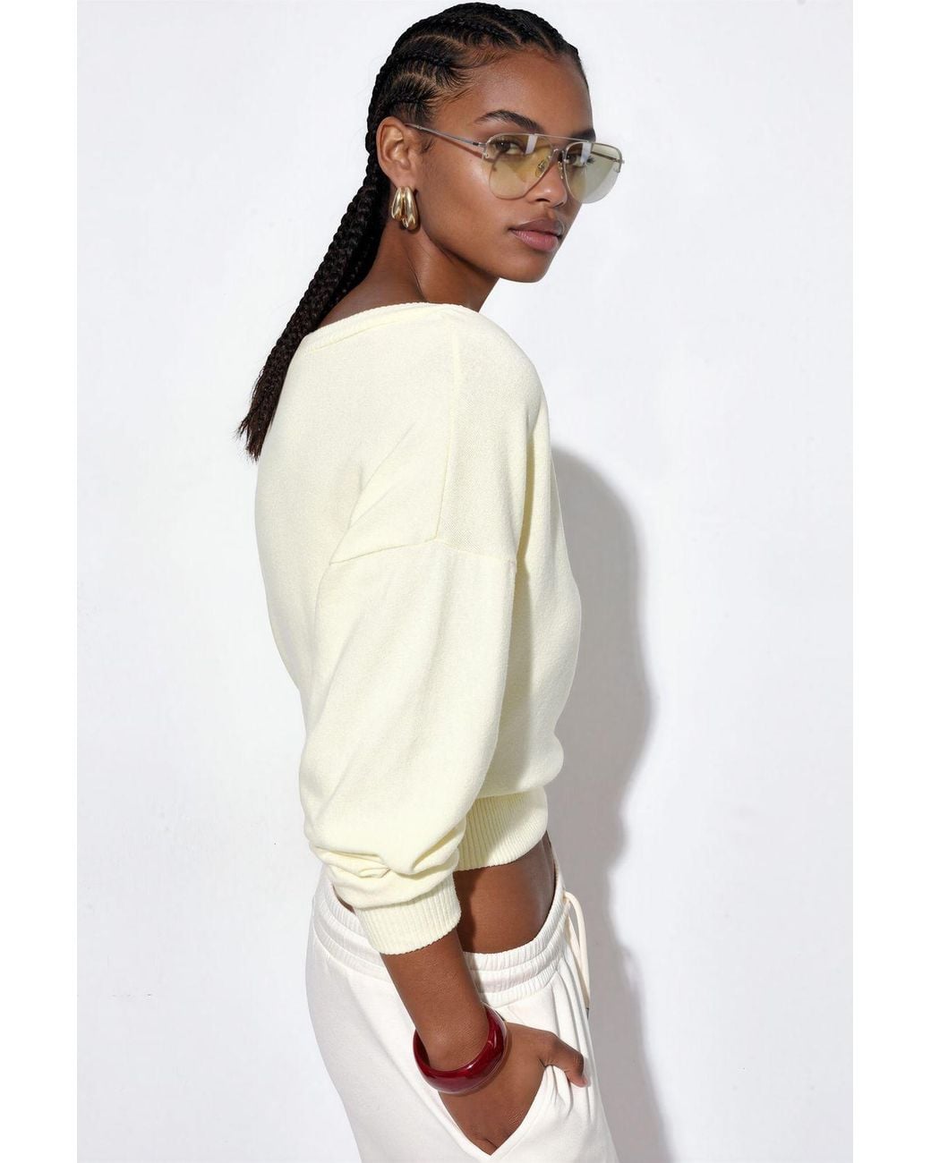 Busem White Crop V-Neck Sweatshirt