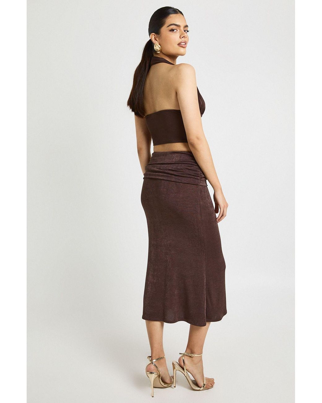 Boohoo Red Acetate Slinky Trim Detail Midi Skirt