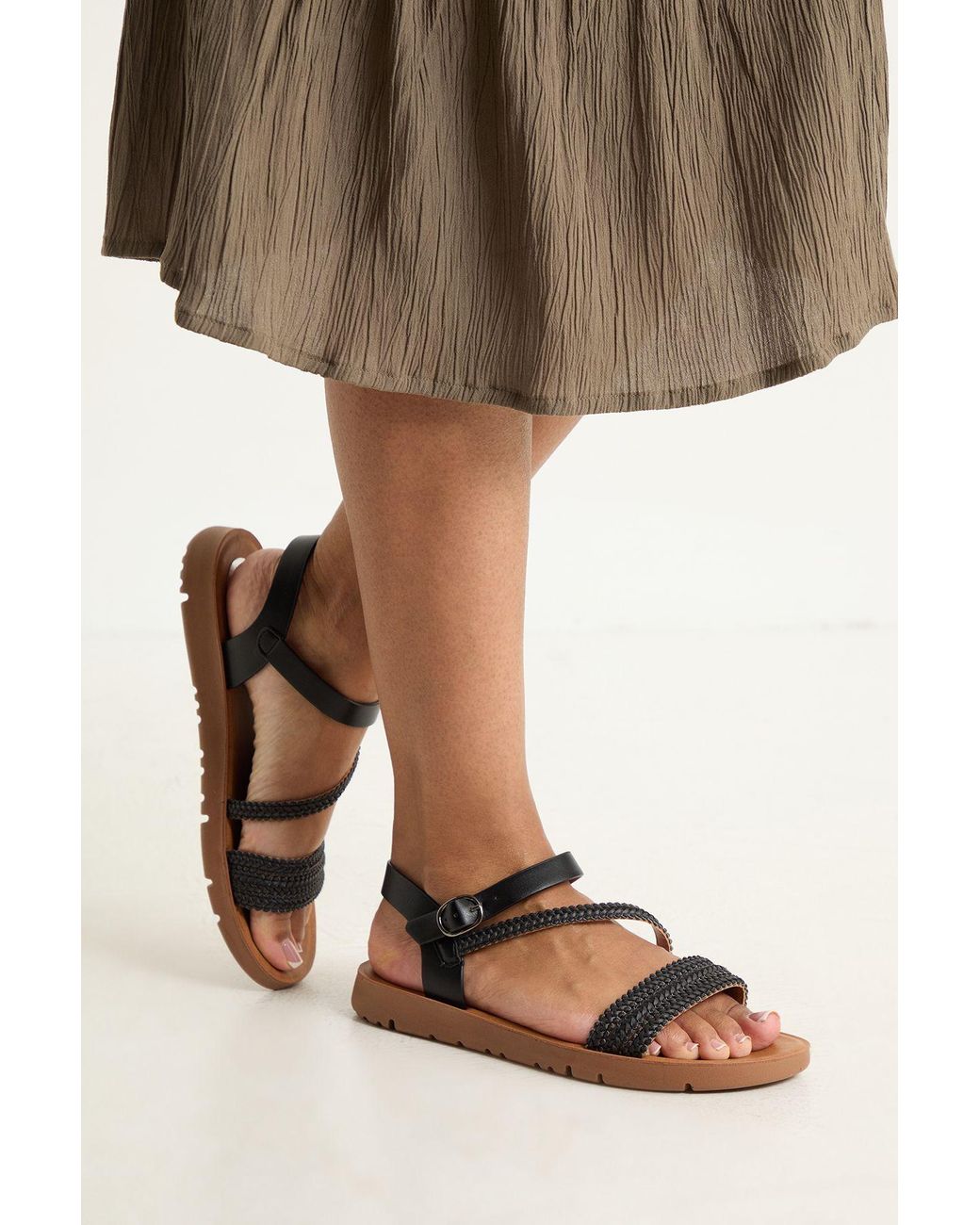Good for the Sole Brown Isabella Flexisole Faux Leather Cross Strap Plait Detail Flat Sandals