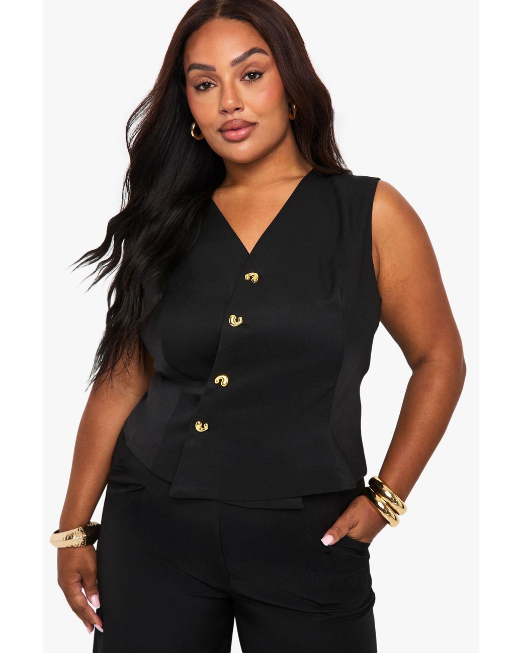 Boohoo Black Plus Tailored Button Asymmetric Waistcoat
