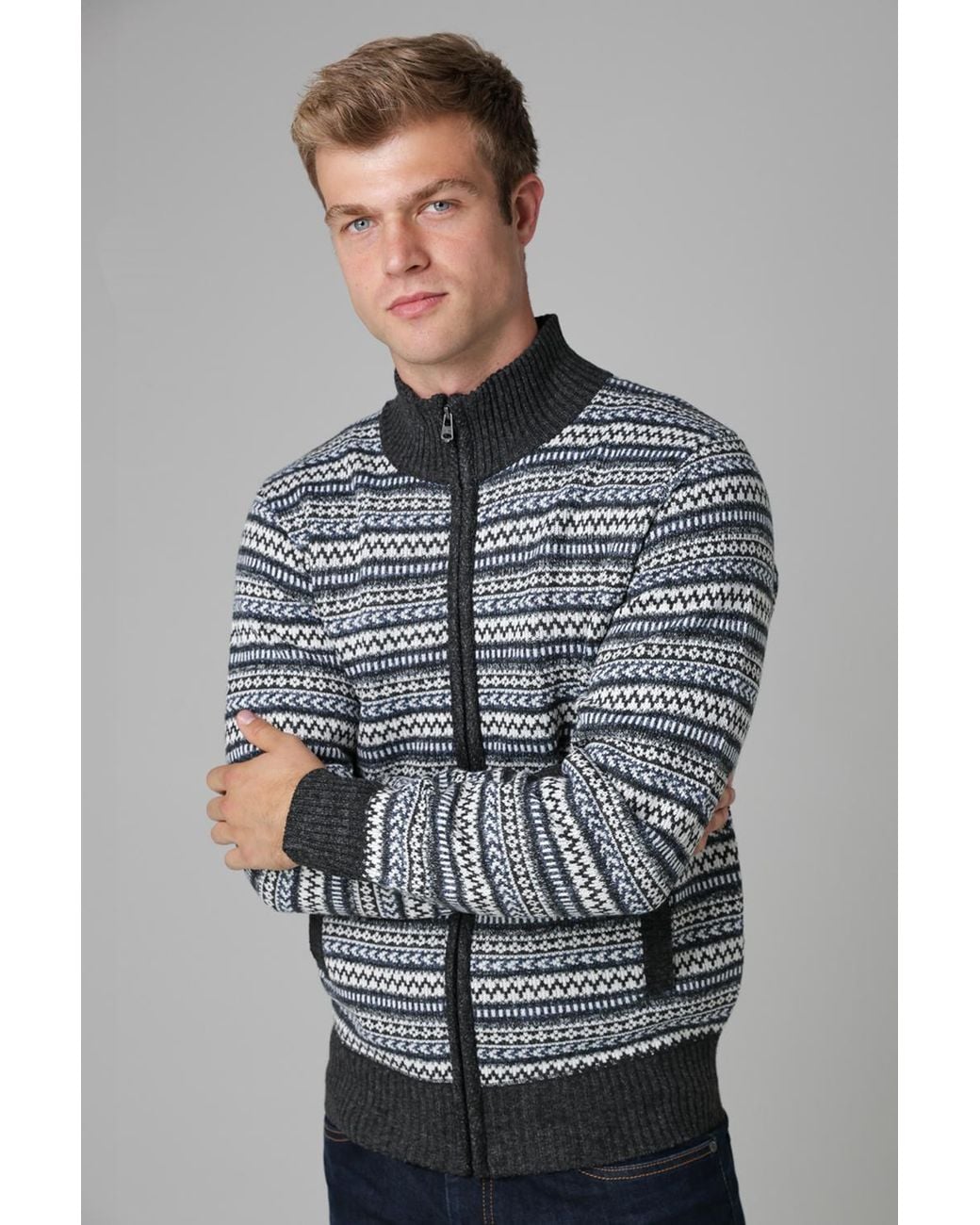 Kensington Eastside Gray Jacquard Fleece-Lined Zip-Through Cardigan for men