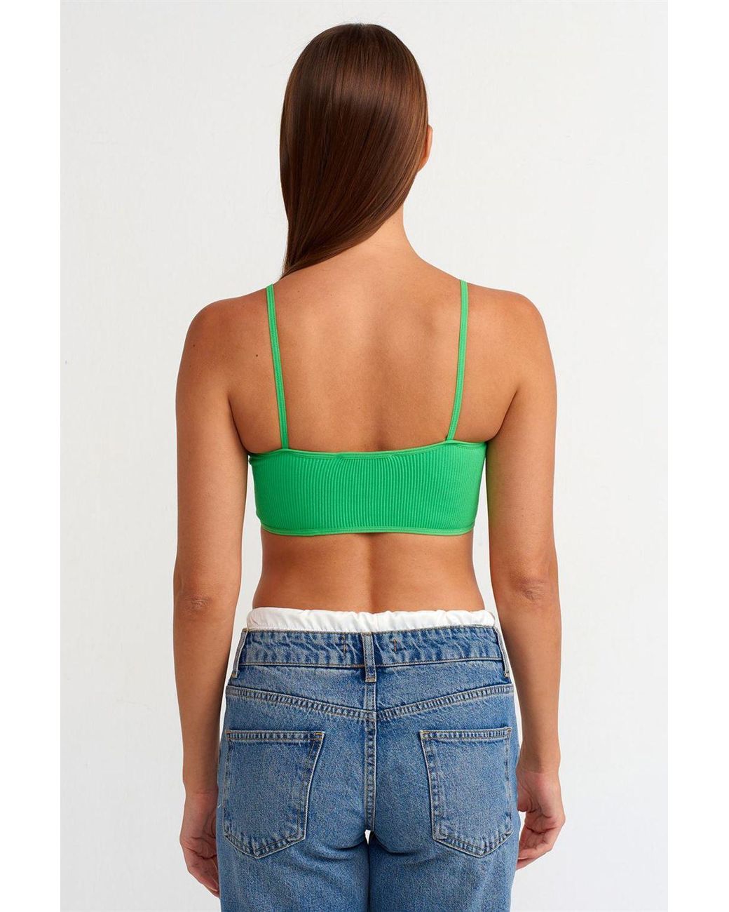 Dilvin Green Ribbed V-Neck Crop Bralet Top