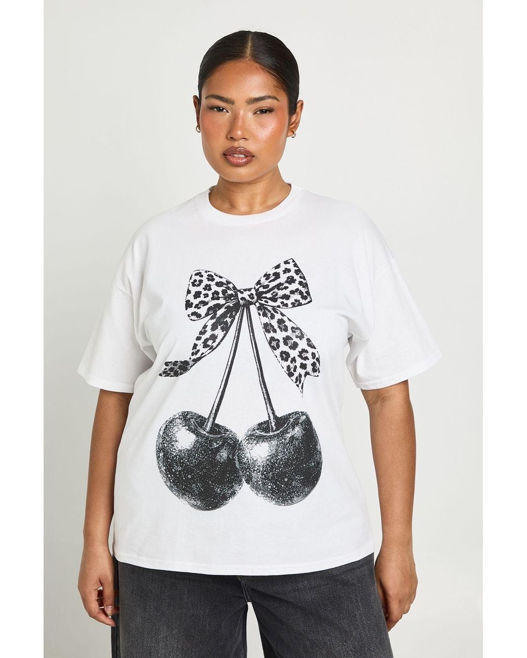 Boohoo White Plus Cherry Leopard Printed T Shirt