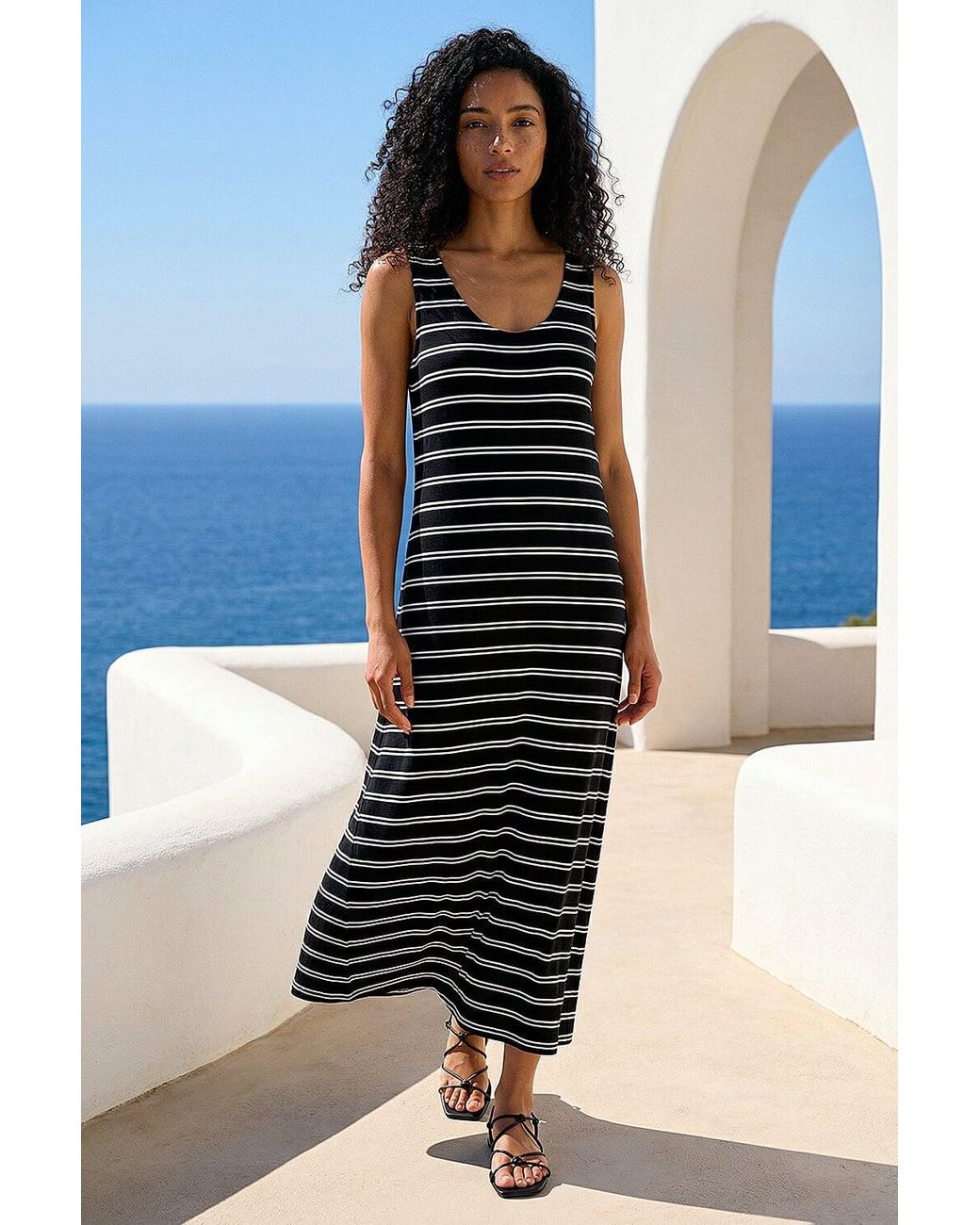 Roman Black Stripe Cross Back Stretch Maxi Dress