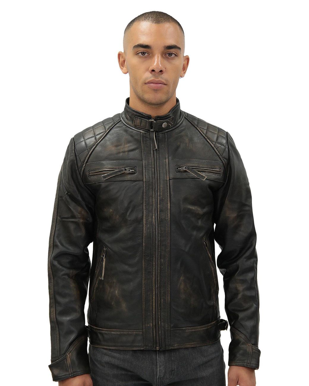 Infinity Leather Black Vintage Quilted Biker Jacket-Monaco for men