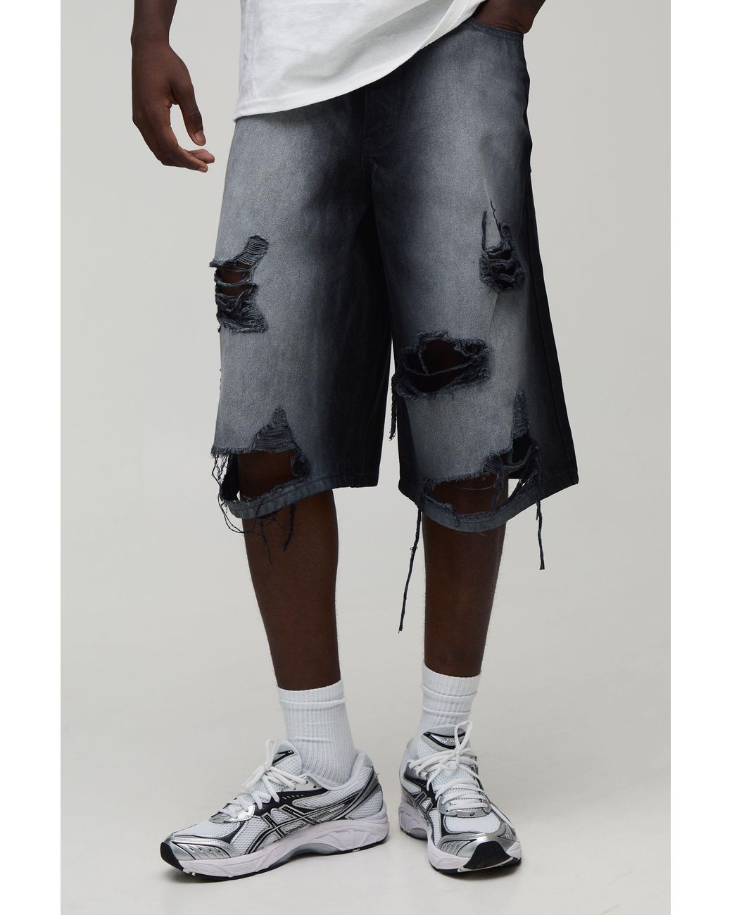 BoohooMAN Gray Fade Wash Extreme Distressed Longline Jorts for men