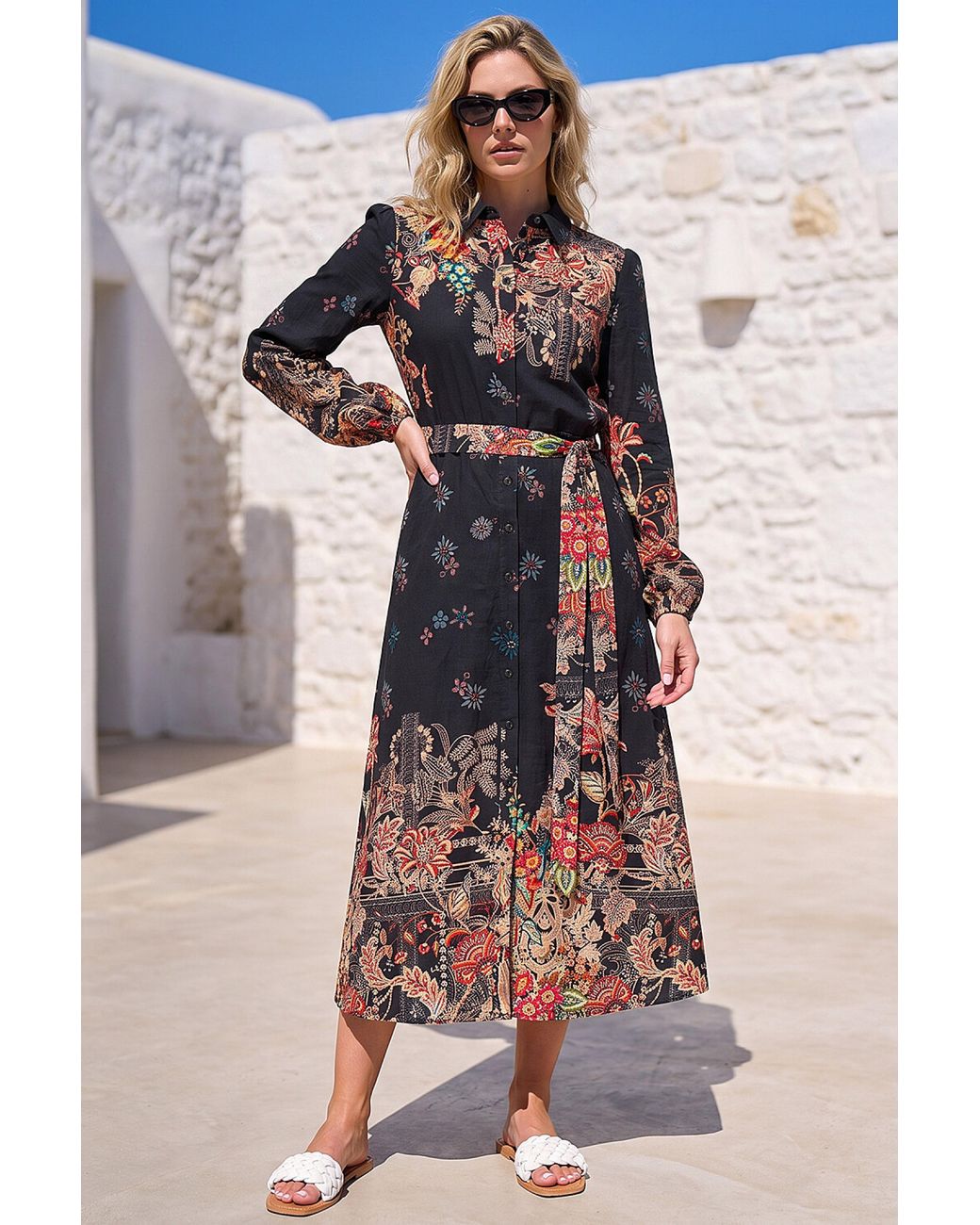 Roman Multicolor Floral Border Shirt Dress