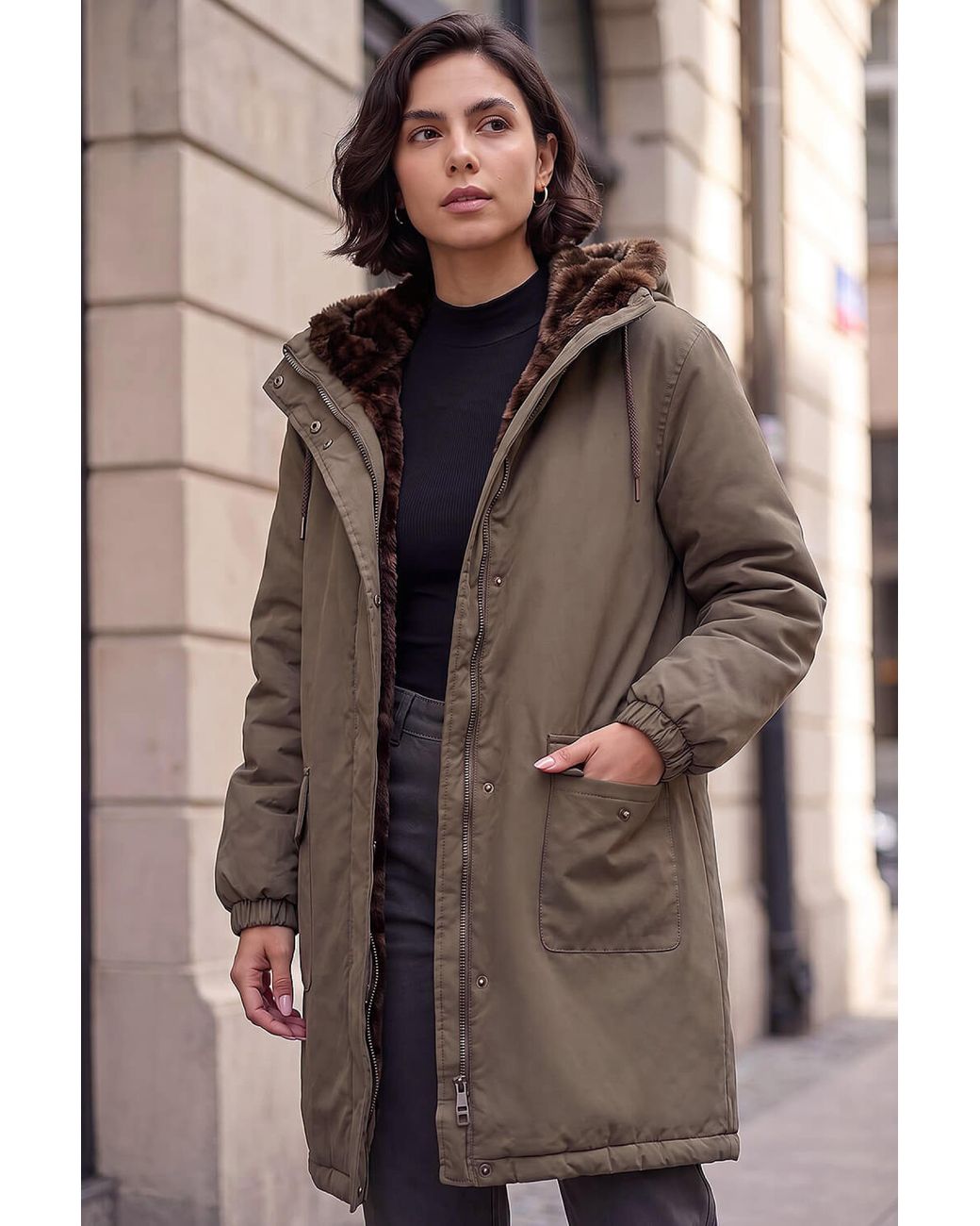 Roman Brown Animal Faux Fur Parka Coat