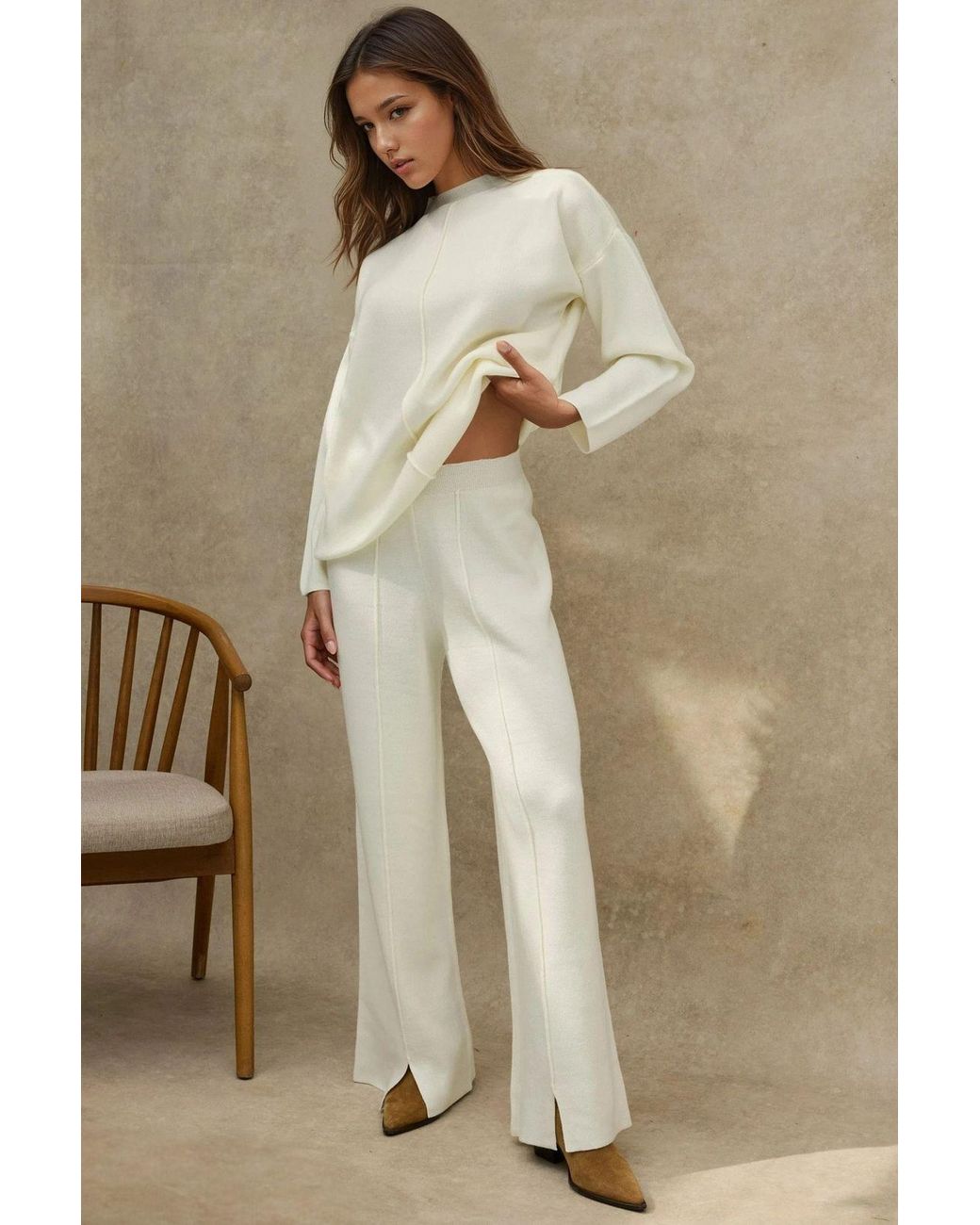 Hiccup Natural Long Sweater & High Waist Wide Leg Knit Co-Ord Set