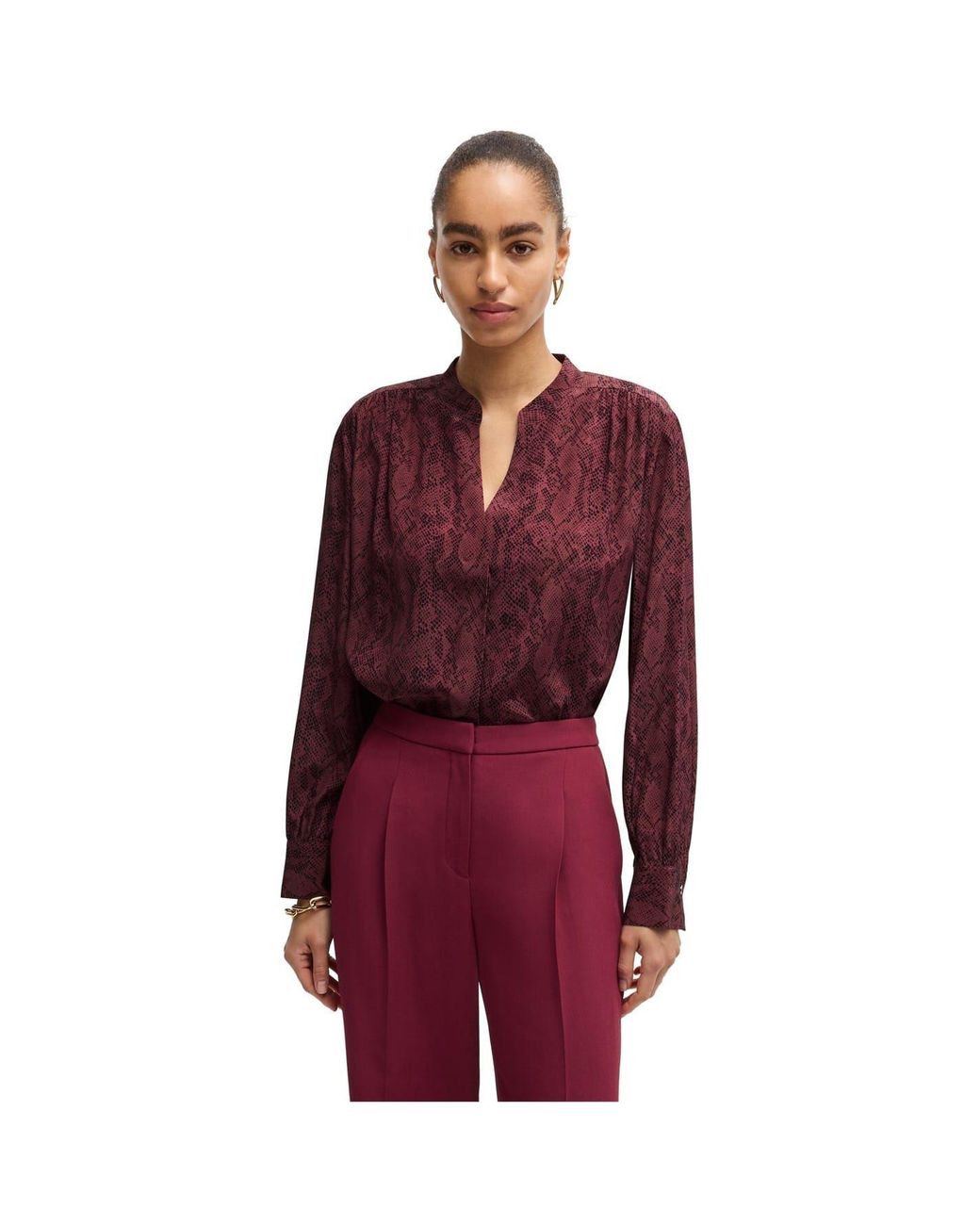 Boss Red Notched Neck Band Collar Long Sleeve Blouse