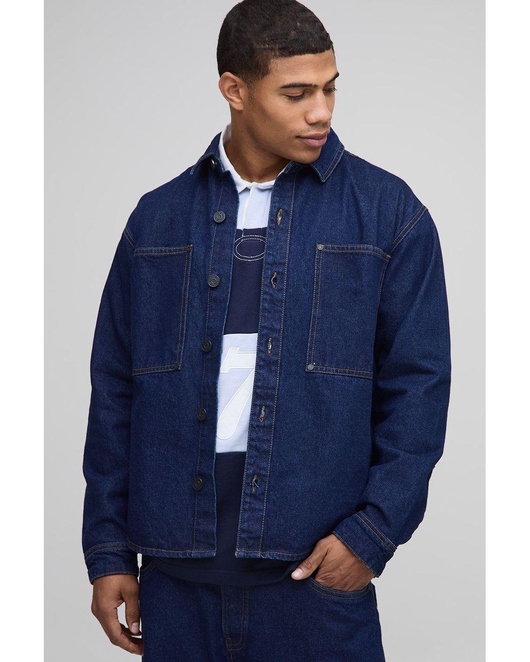 BoohooMAN Blue Long Sleeve Boxy Denim Shirt for men