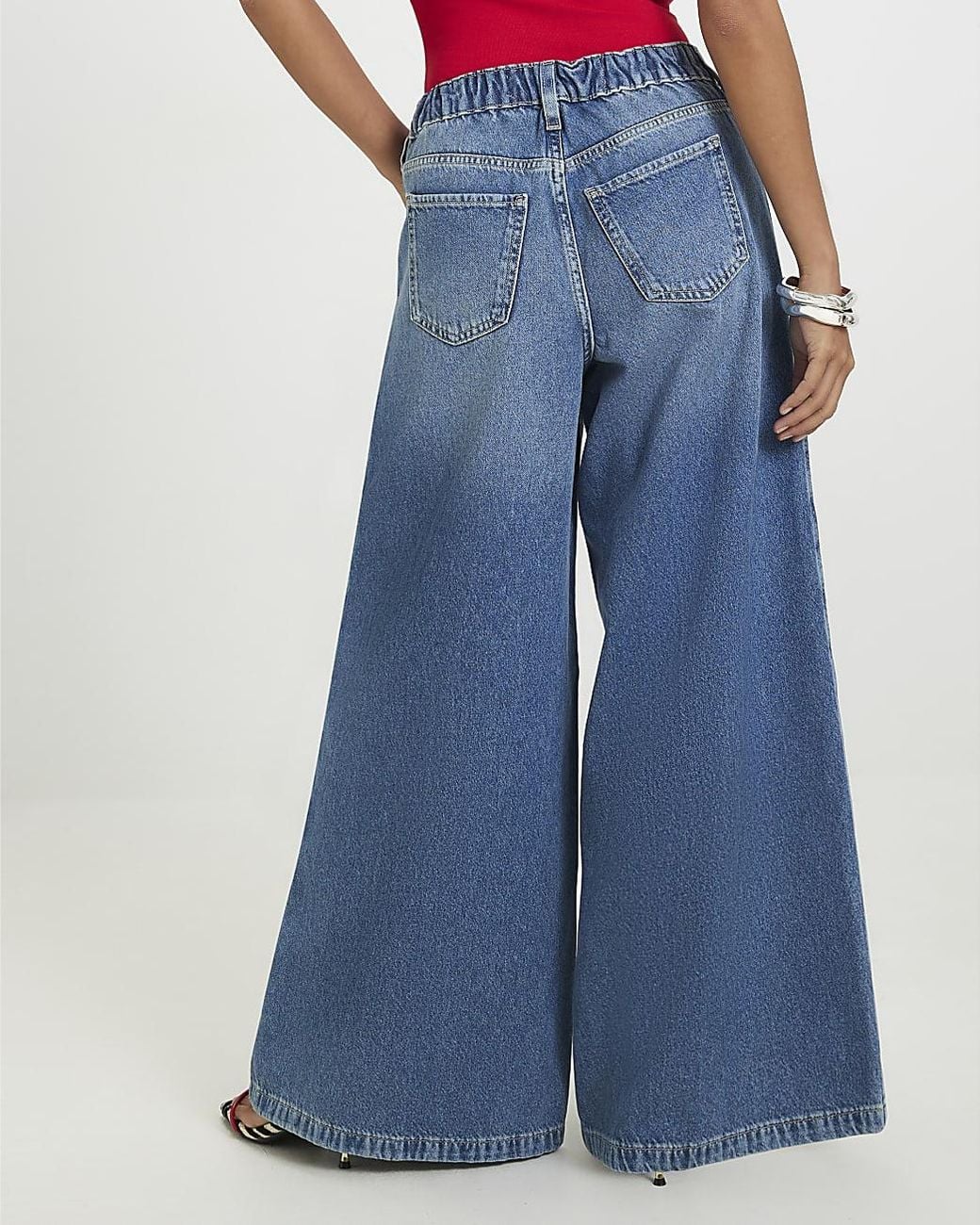 River Island Blue Wide Leg Jeans Petite Elastic Back Cotton