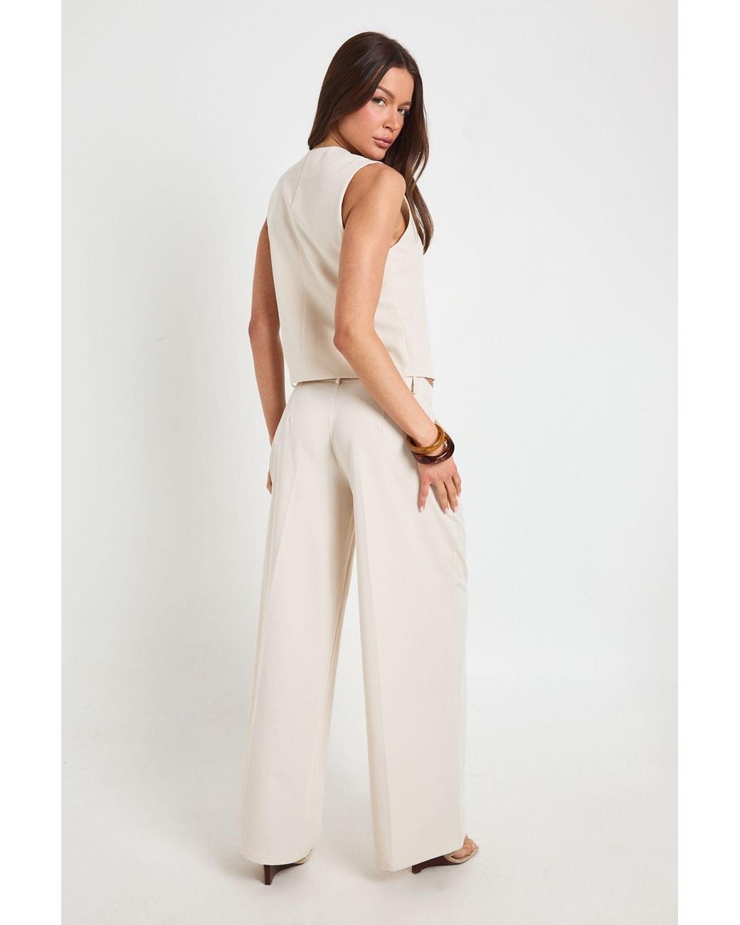 Boohoo Natural Pleated Wide Leg Tailored Trousers