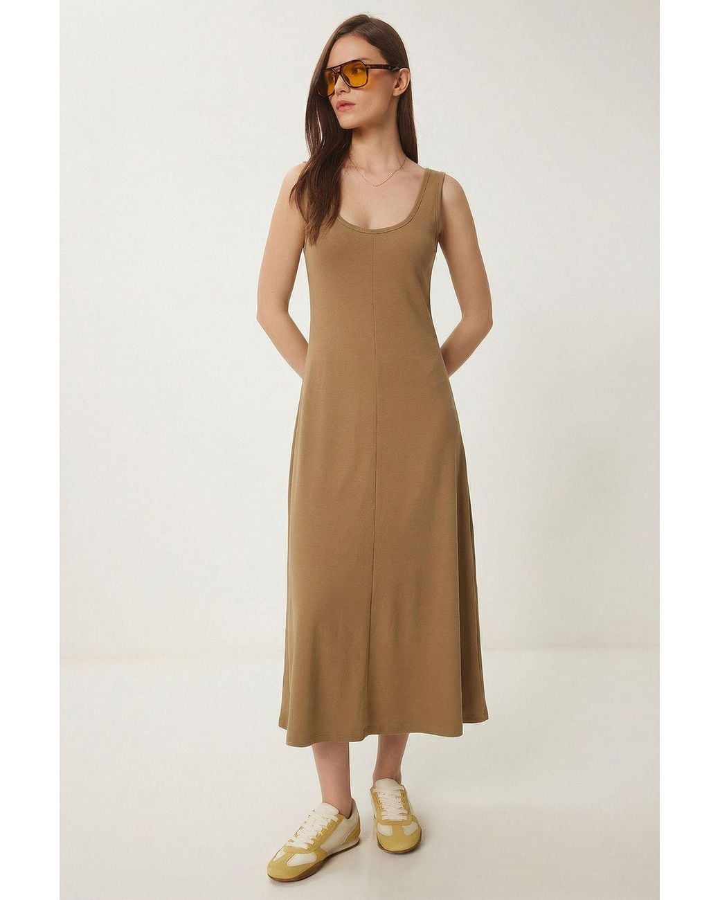 Happiness İstanbul Natural U Collar Midi Dress