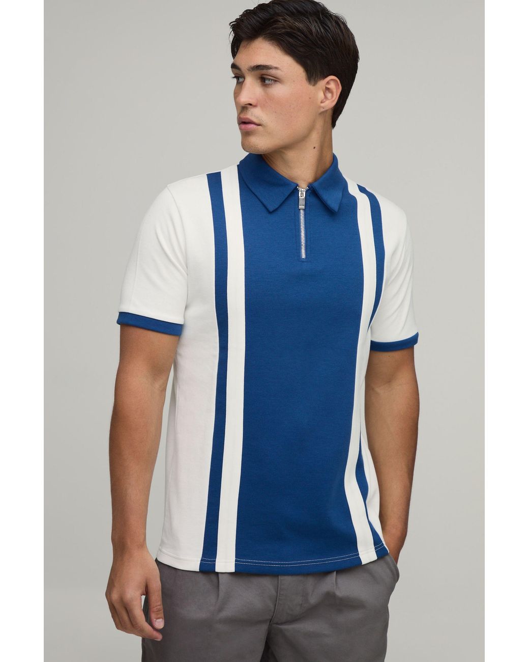 BoohooMAN Blue Slim Panelled Zip Neck Interlock Polo for men