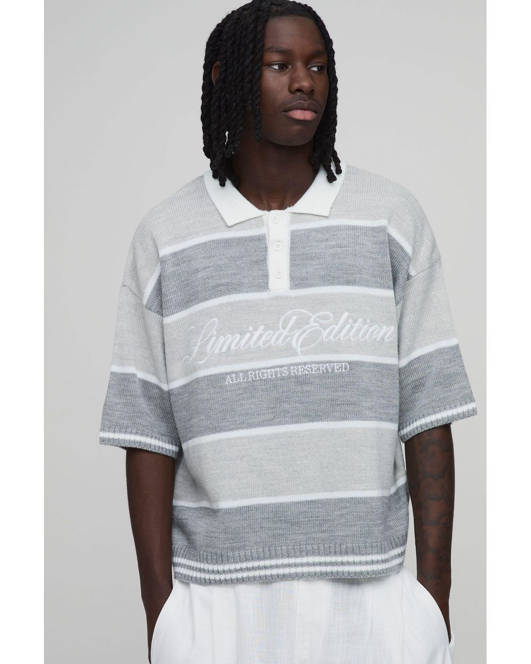 BoohooMAN Gray Oversized Varsity Striped Embroidered Knitted Polo for men
