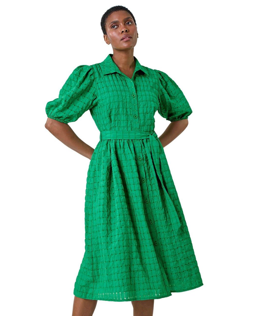 Roman Green Textured Puff Sleeve Midi Shirt Dress