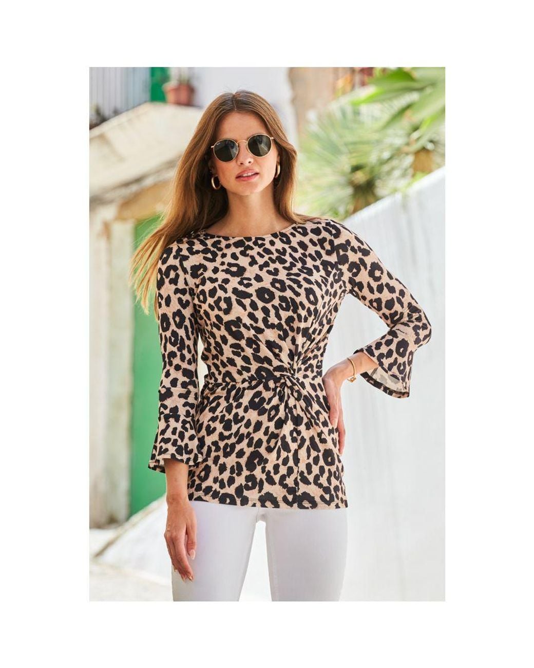 Sosandar White Leopard Print Twist Front Fluted Sleeve Jersey Top