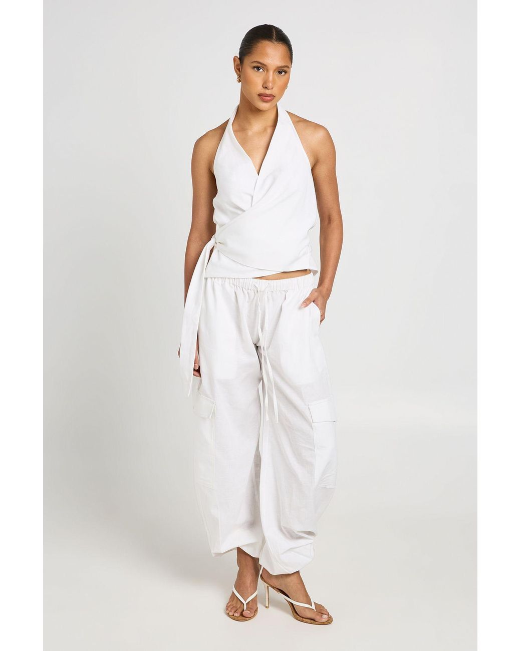 Boohoo White Linen Look Halterneck Wrap Top