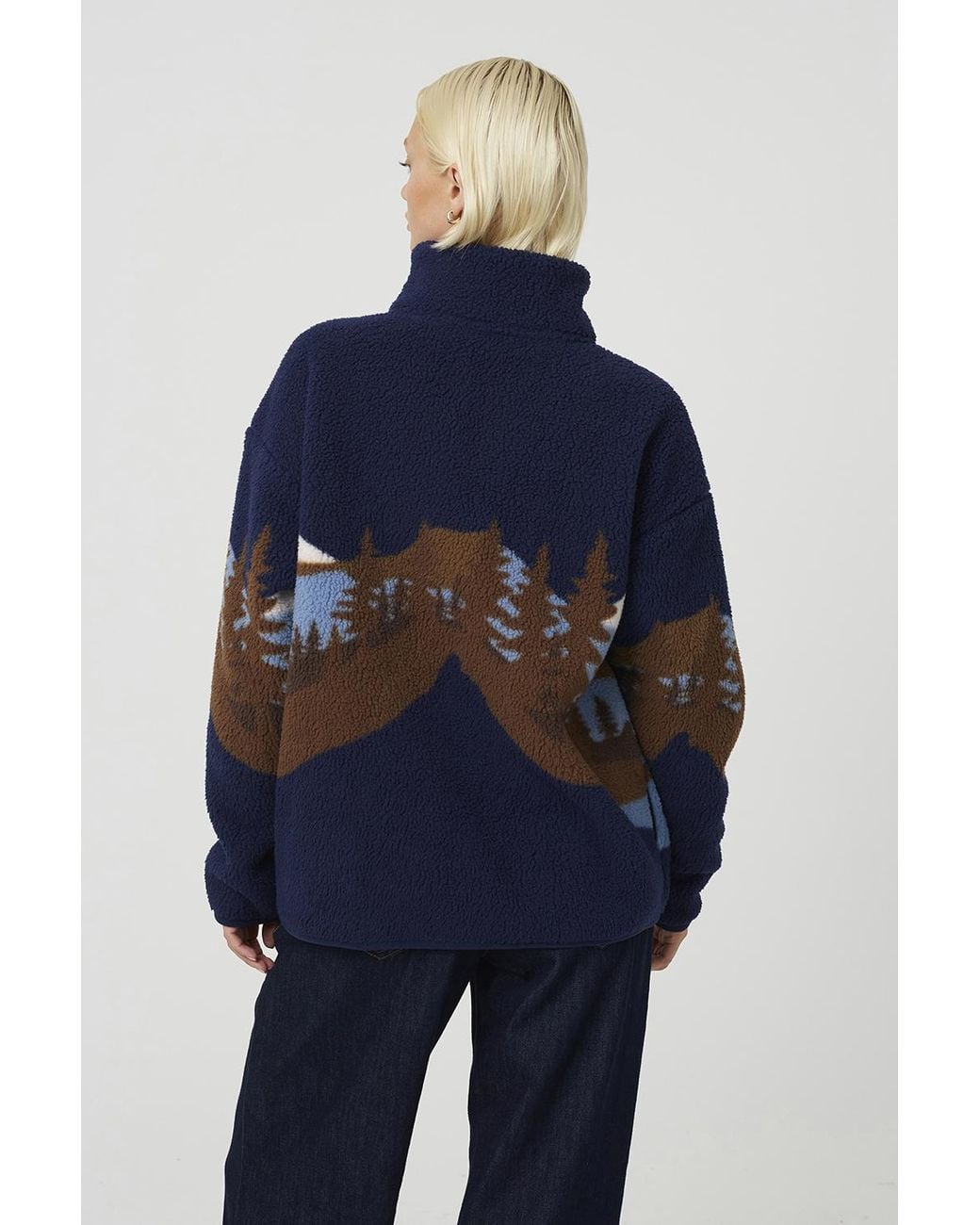Brave Soul Blue Dark Sherpa Fleece Landscape Print Zip Sweatshirt