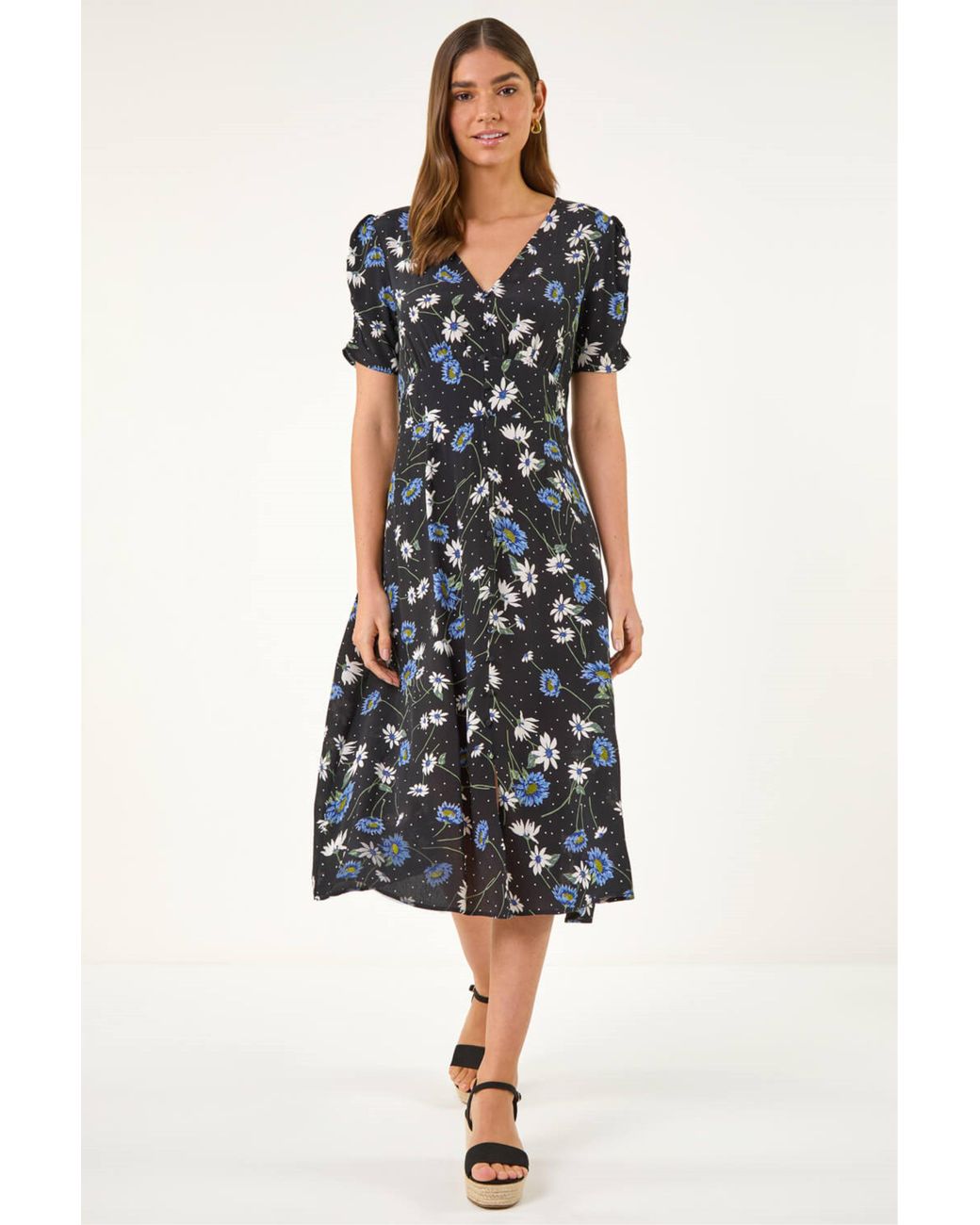 Roman Black Floral Ruched Sleeve Dress