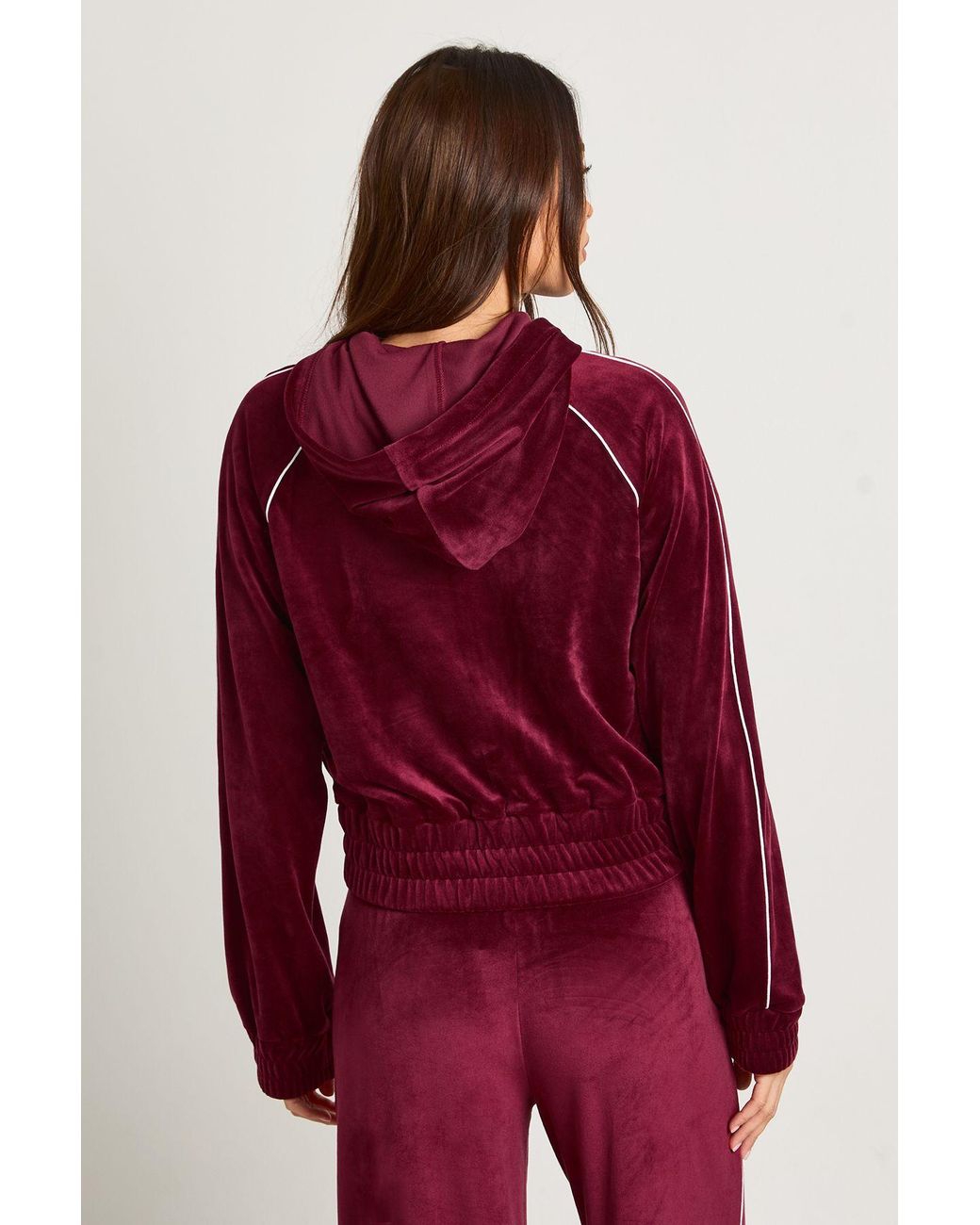 Boohoo Red Velour Contrast Piping Zip Through Cropped Hoodie