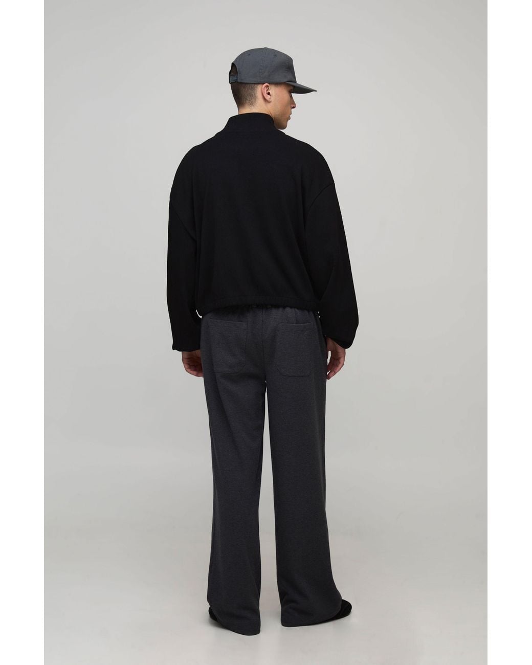 BoohooMAN Black Oversized Boxy Rib Jersey Funnel Neck Track Top for men