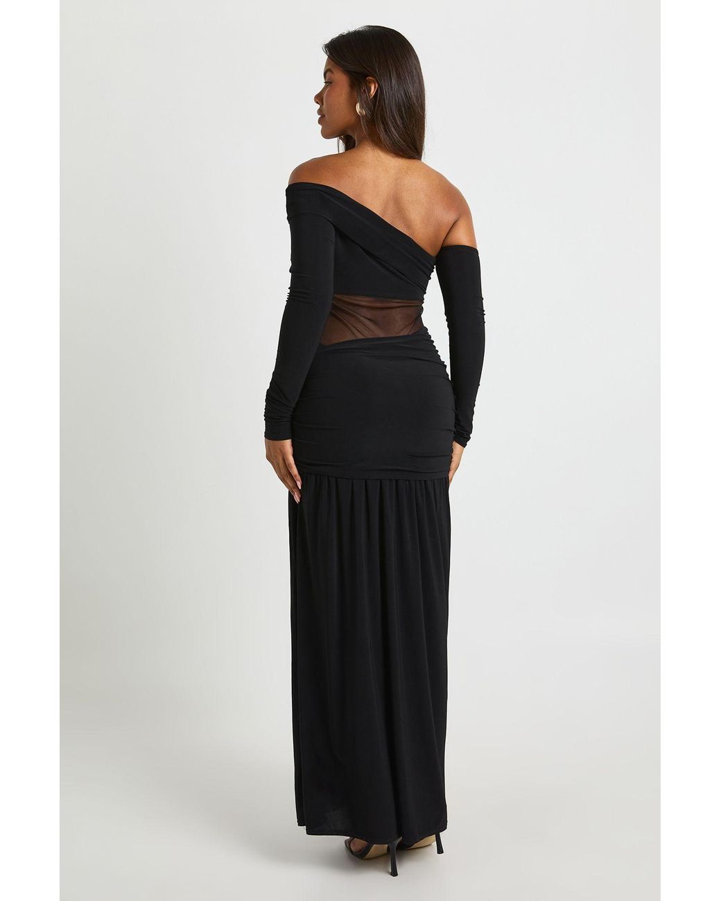 Boohoo Black Asymmetric Mesh Cut Out Maxi Dress