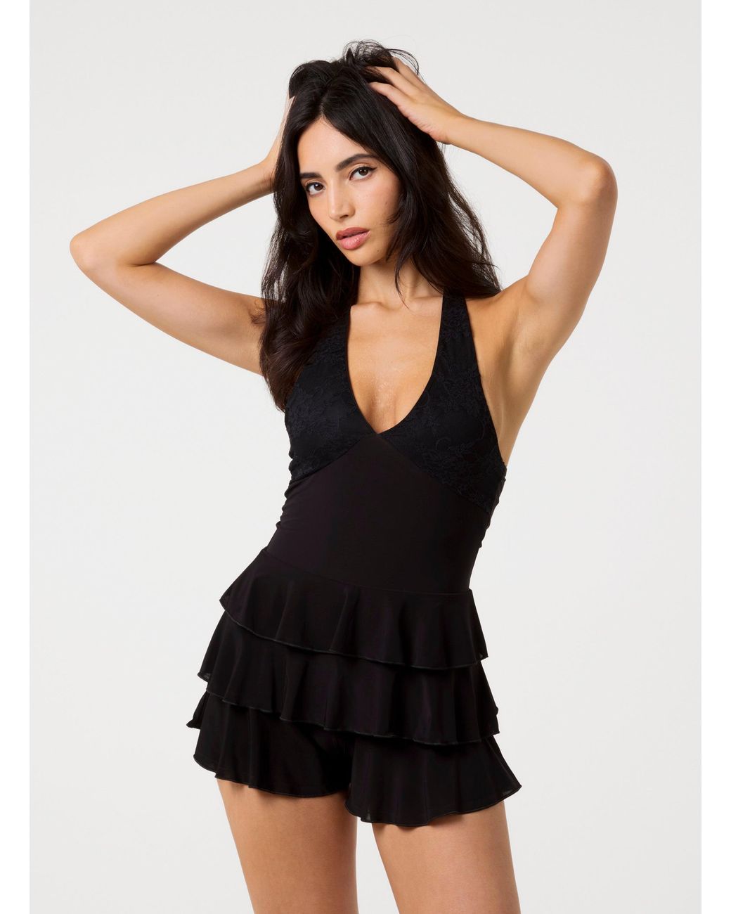 Pink Vanilla Black Lace Ruffle Playsuit