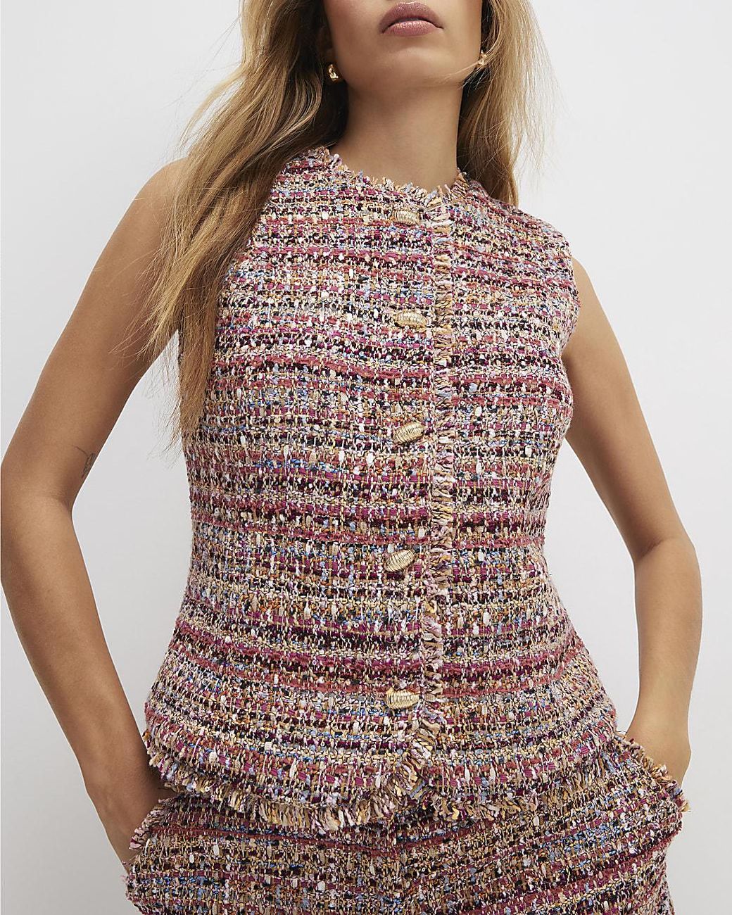 River Island Red Waistcoat Boucle Sleeveless Fringed