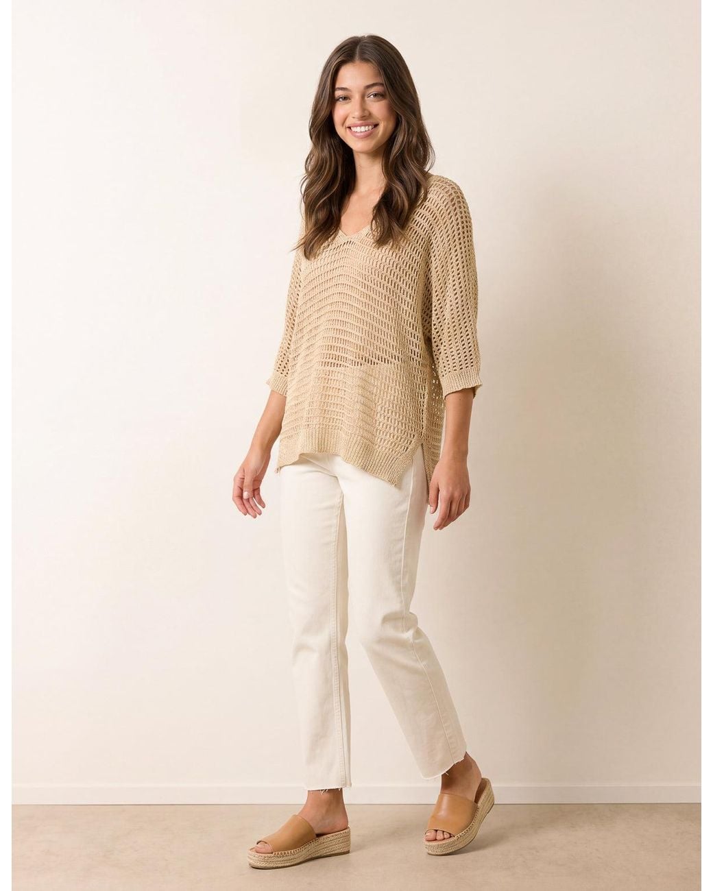 Blue Vanilla Natural Metallic Crochet V Neck Top