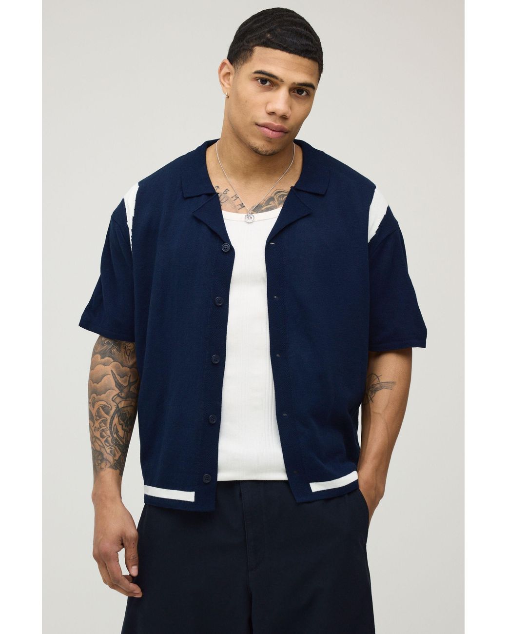 BoohooMAN Blue Relaxed Boxy Contrast Panel Knitted Shirt for men