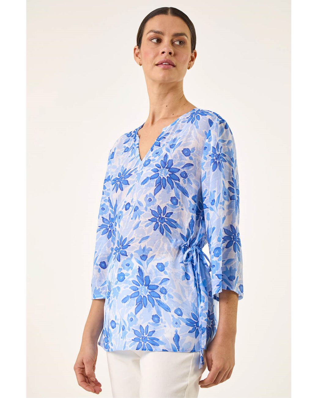Roman Blue Floral Print Side Tie Top
