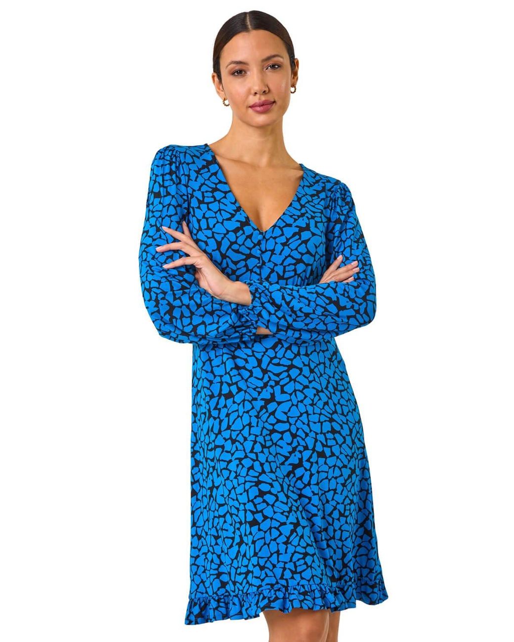 Roman Blue Abstract V-Neck Short Dress