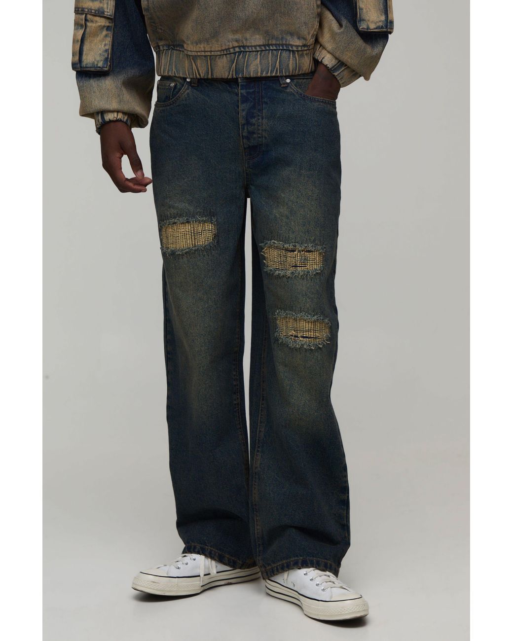 BoohooMAN Black Relaxed Rip & Stitch Repair Jeans for men