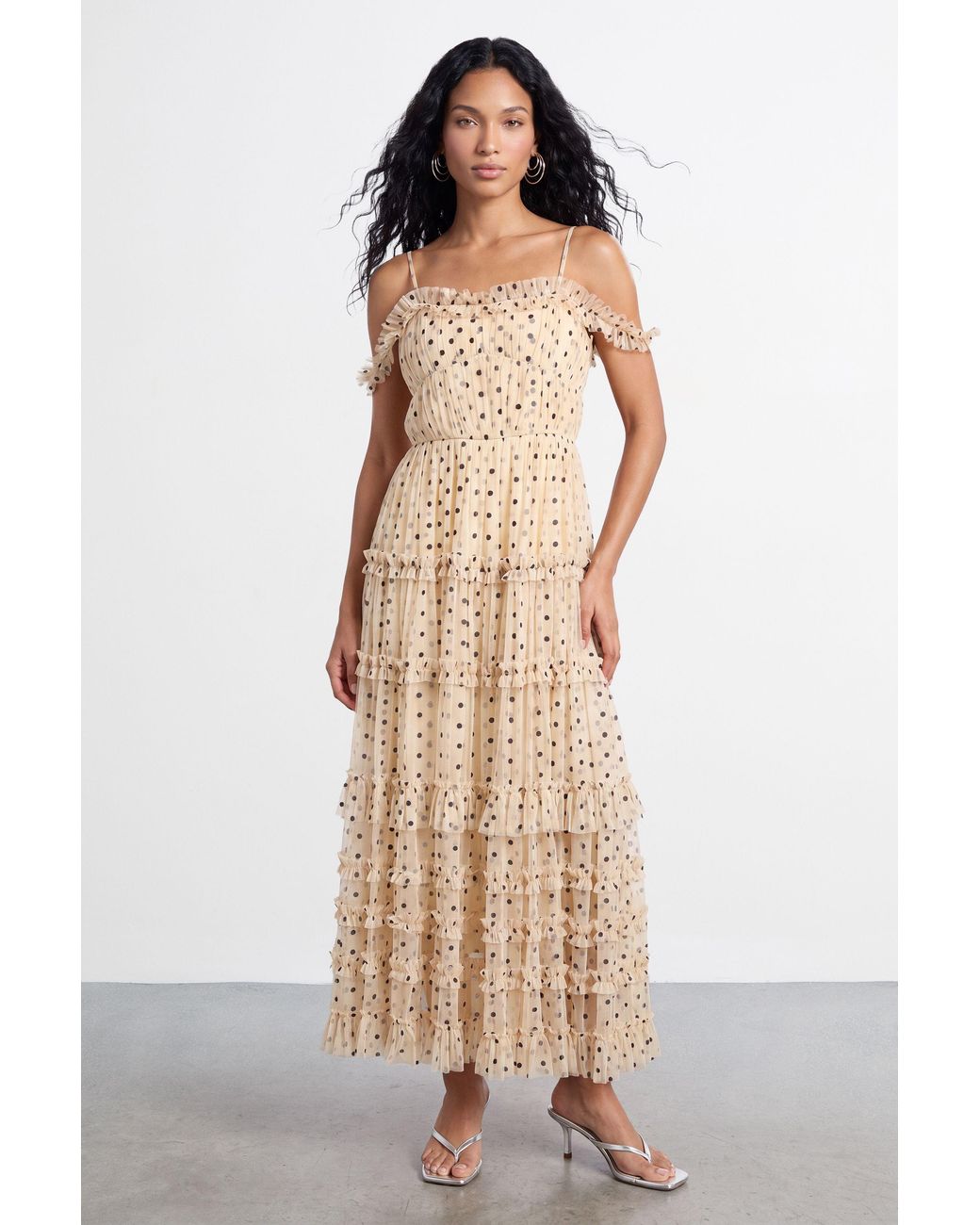 Warehouse Natural Bardot Gathered Seam Detail Tulle Maxi Dress