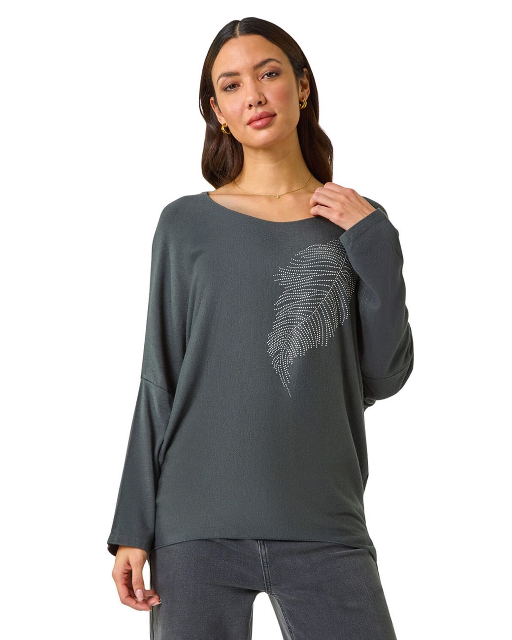 Roman Gray Hotfix Feather Stretch Knit Top