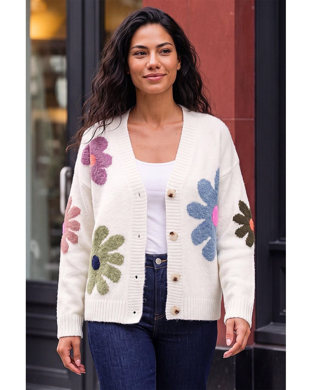 Roman White Floral V-Neck Knit Cardigan