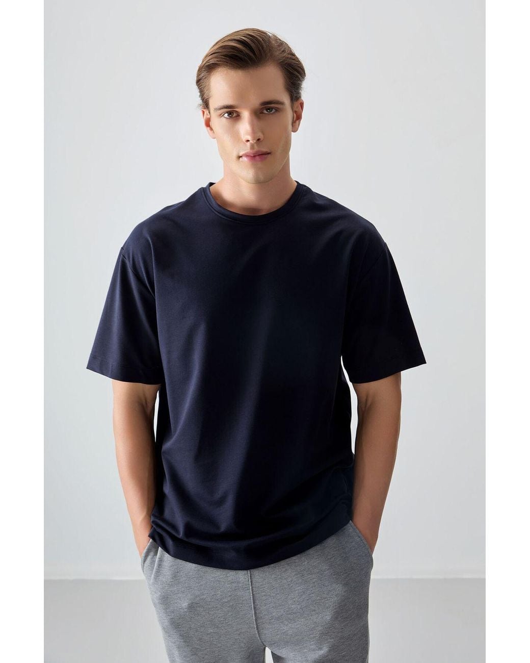 TOMMY LIFE Blue Oversized Cotton Blend Crew Neck T-Shirt for men