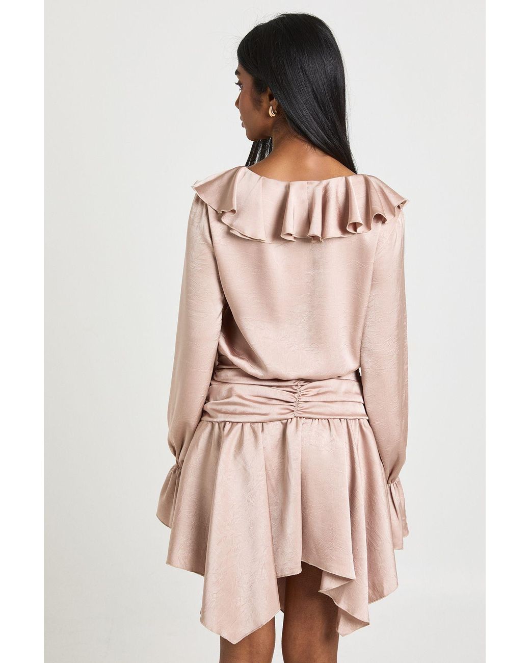 Boohoo Pink Textured Satin Ruffle Detail Mini Dress