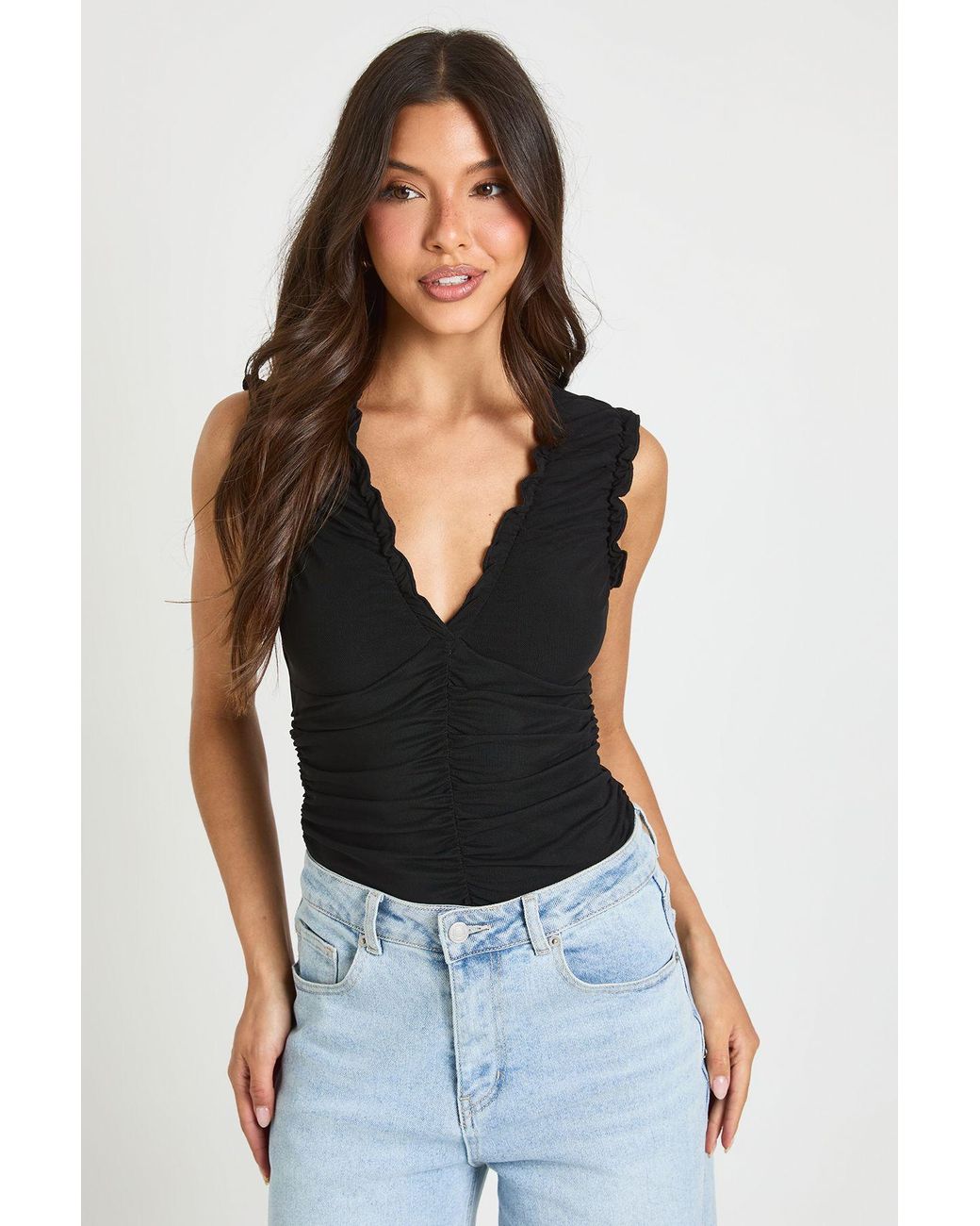 Boohoo Black Mesh Ruched Neckline Bodysuit