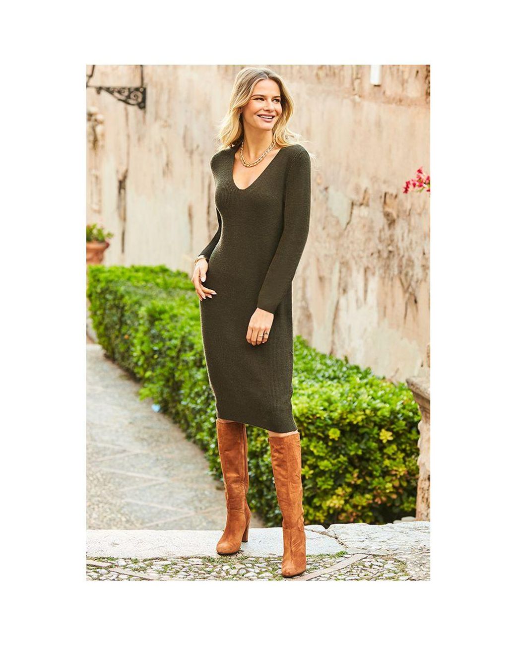 Sosandar Green Khaki Relaxed Fit Jumper Dress