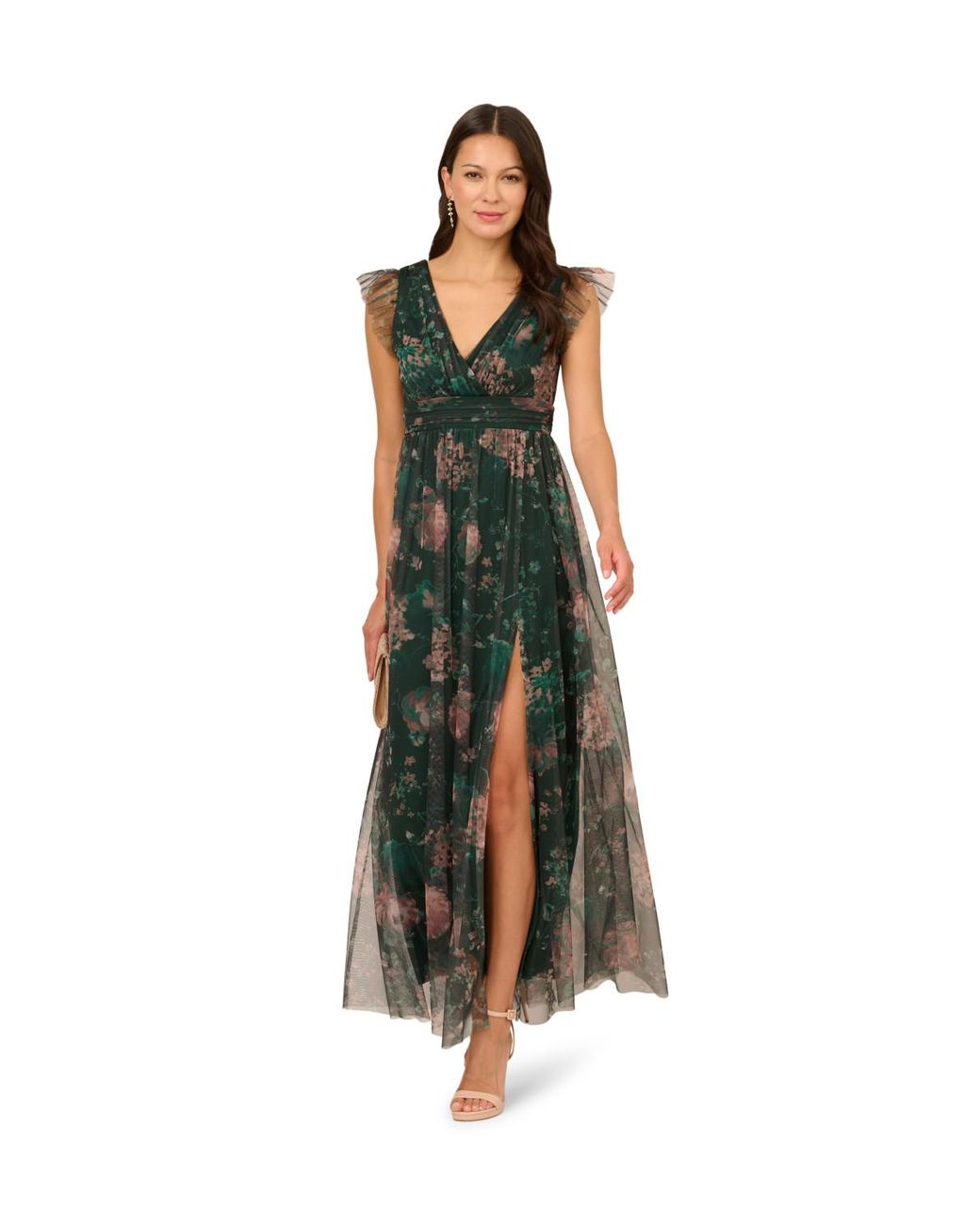 Adrianna Papell Green Print Tulle Maxi Dress