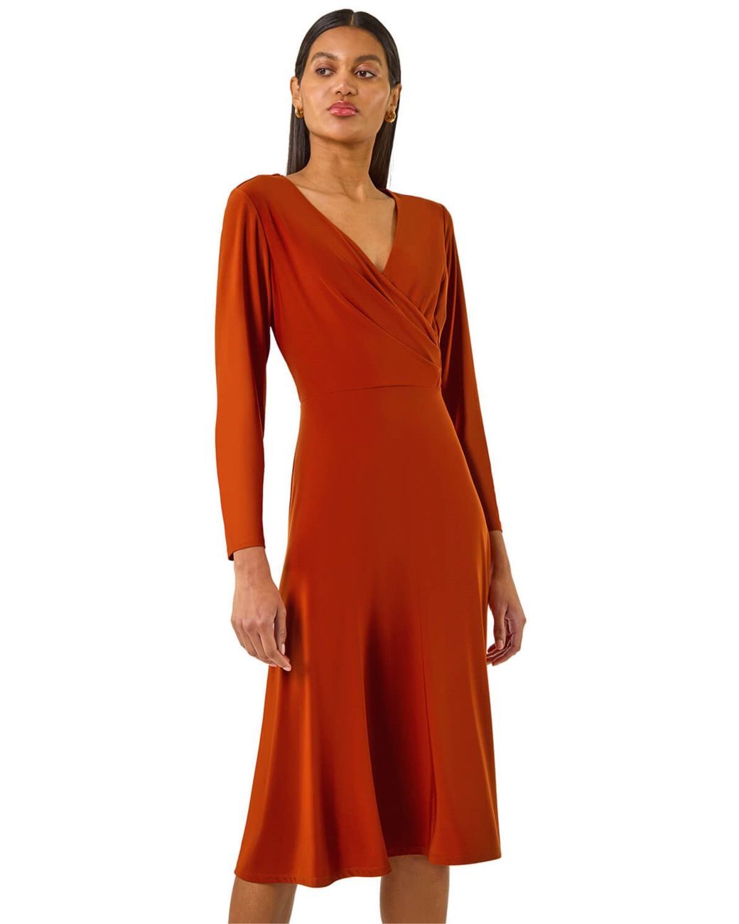 Roman Red Wrap Bodice Tie Waist Midi Dress